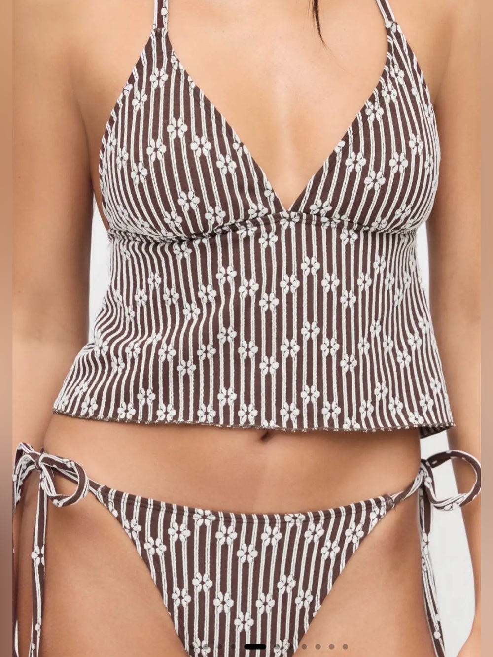 Cider Brown/White Floral Stripe Tankini Halter Top with Tie-Side Bikini Bottoms